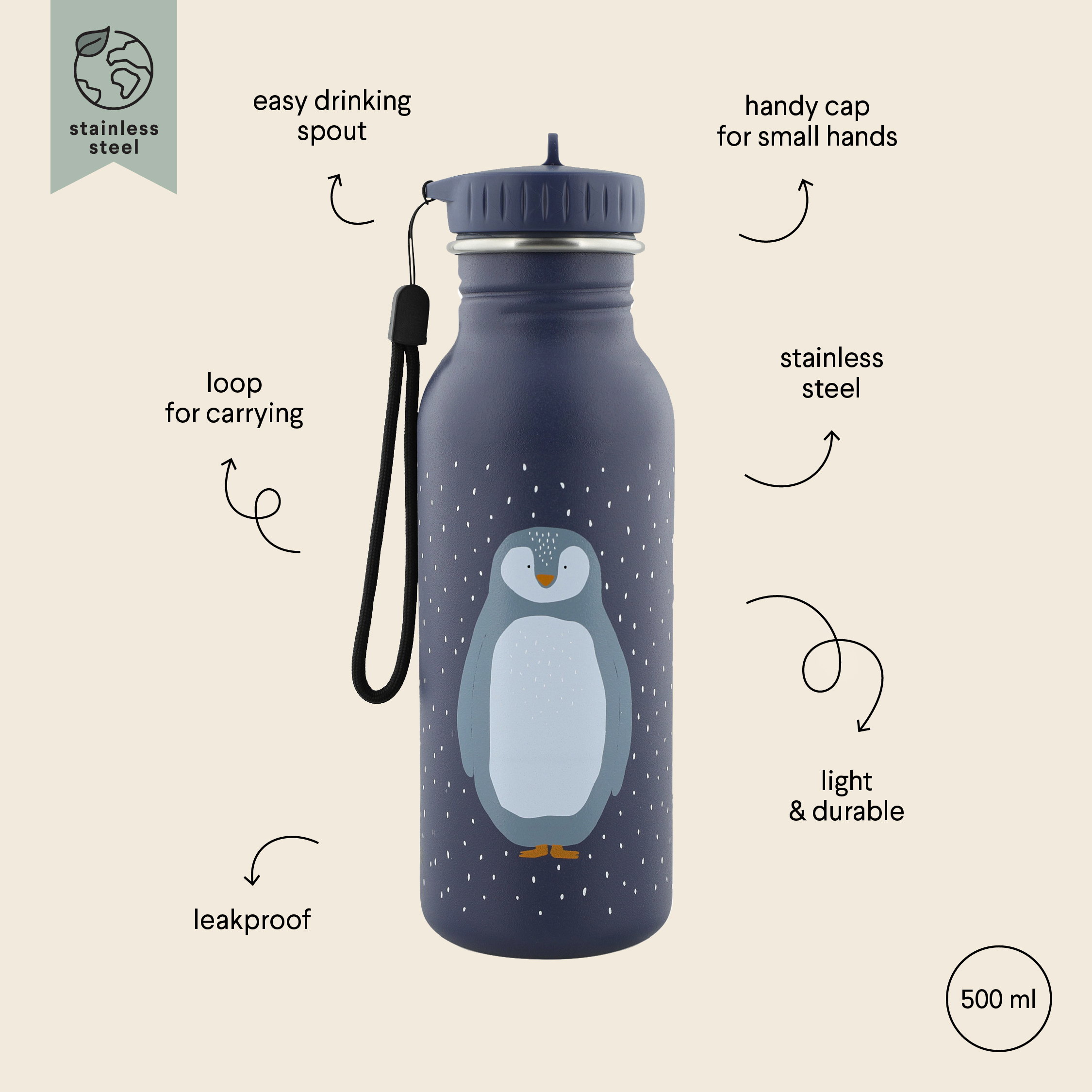 Trixie_41_207_9 Stainless Steel Bottle 500 ml - Mr Penguin - Image 1