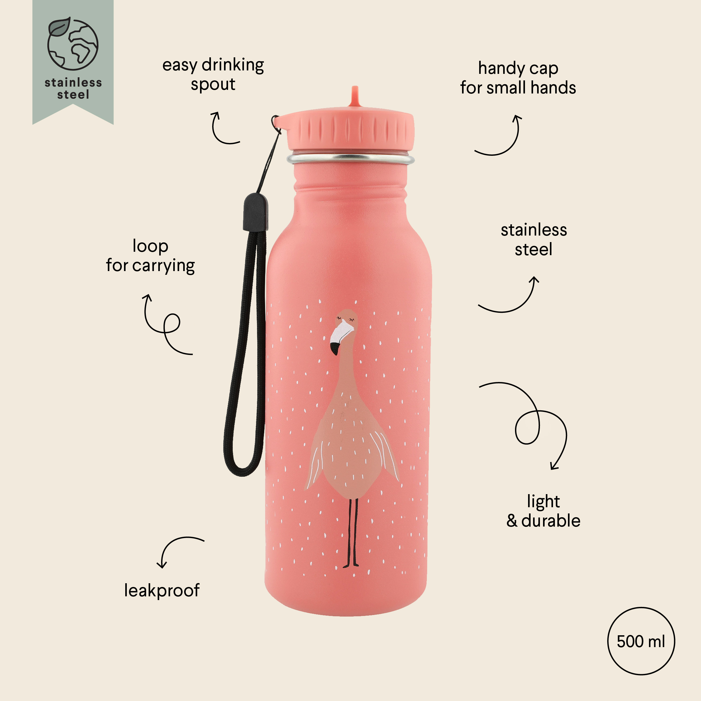 Trixie_41_218_9 Stainless Steel Bottle 500 ml - Mrs Flamingo - Image 1